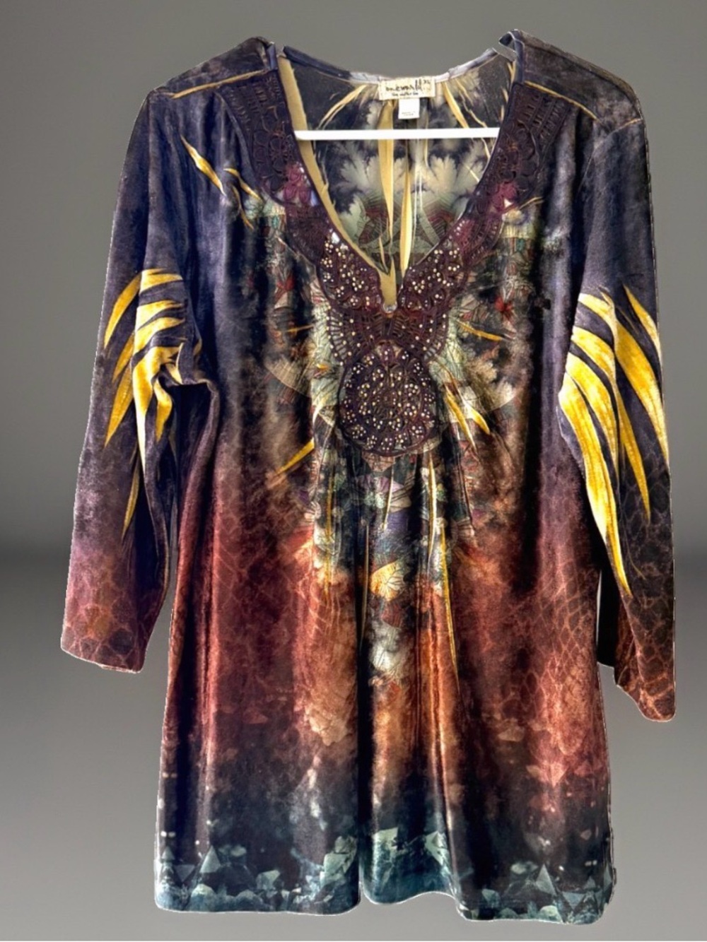 Womens velvet tunic blouse size XL fairy embellished lace v neck long sleeve top